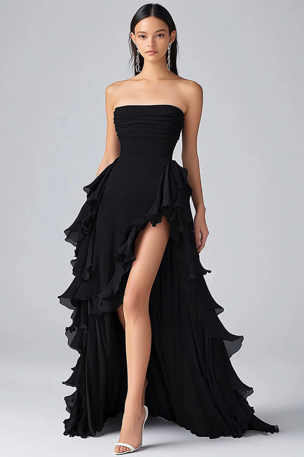 Black A Line Ruffles Chiffon Tiered Strapless Evening Dress with Slit