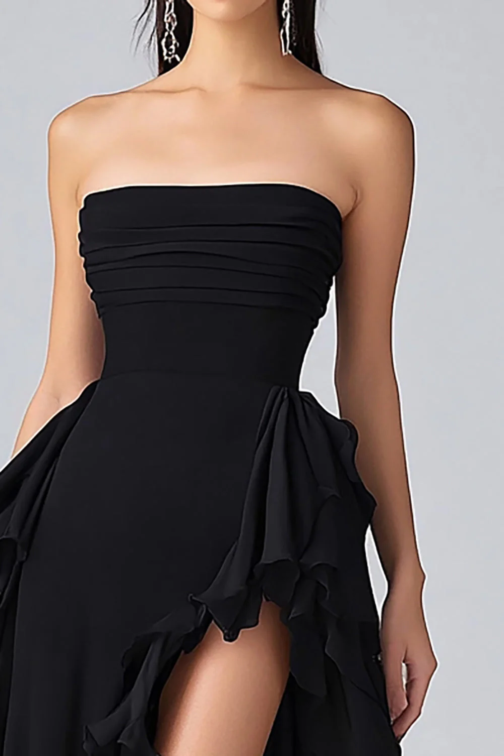 Black A Line Ruffles Chiffon Tiered Strapless Evening Dress with Slit - Image 2