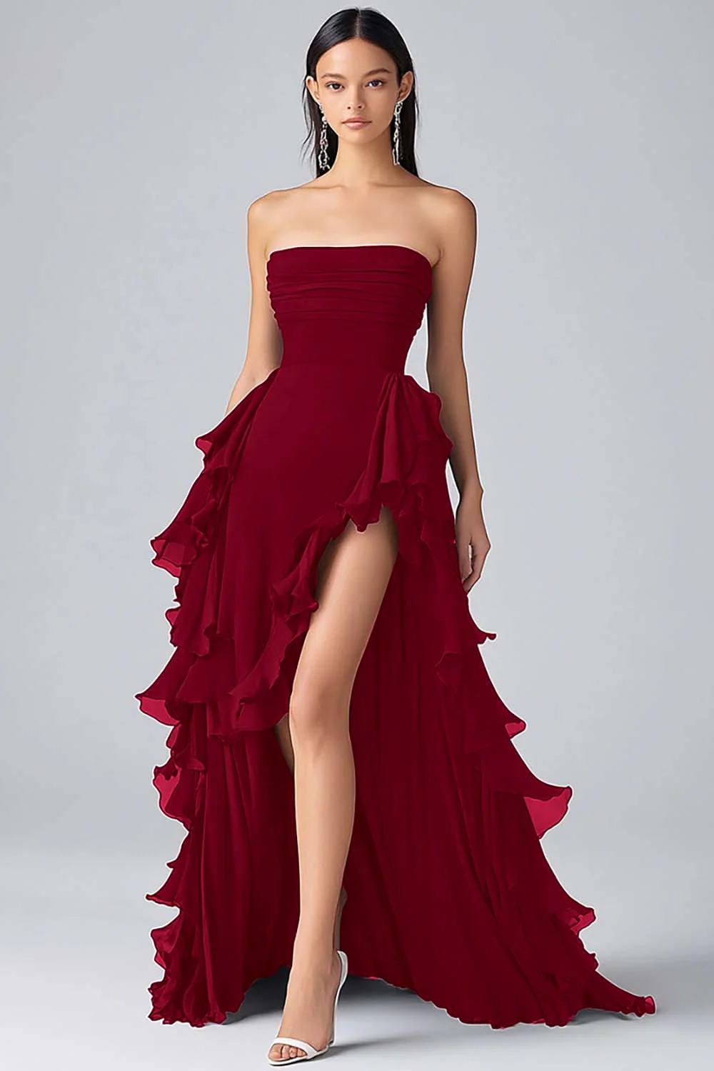 Black A Line Ruffles Chiffon Tiered Strapless Evening Dress with Slit - Image 3