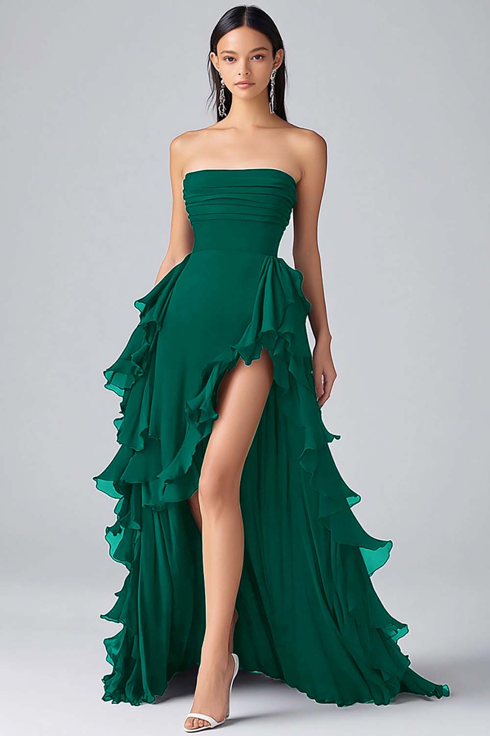 Black A Line Ruffles Chiffon Tiered Strapless Evening Dress with Slit - Image 4