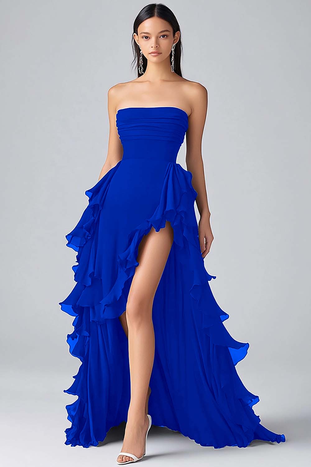 Black A Line Ruffles Chiffon Tiered Strapless Evening Dress with Slit - Image 5