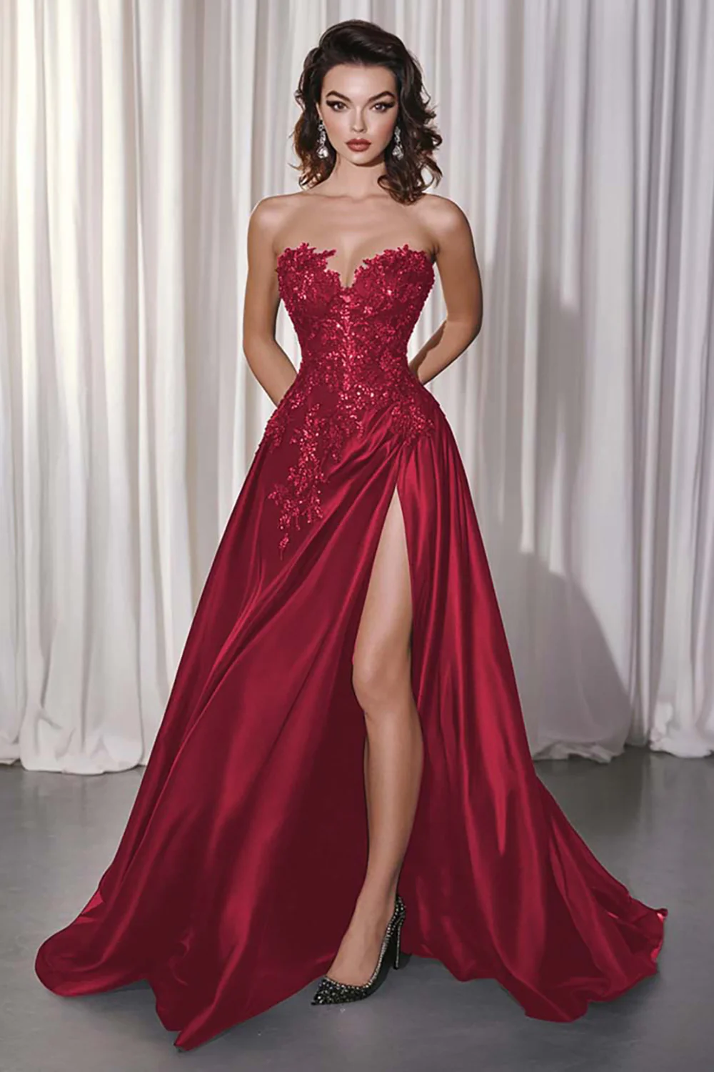 Black A-Line Satin Sweetheart Long Prom Dress with Lace Appliques - Image 5