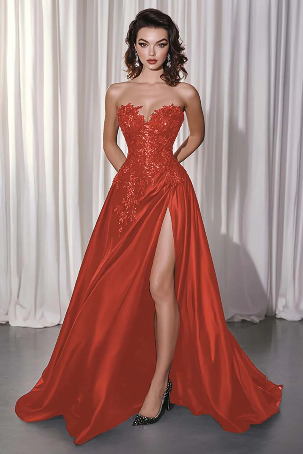 Black A-Line Satin Sweetheart Long Prom Dress with Lace Appliques - Image 8