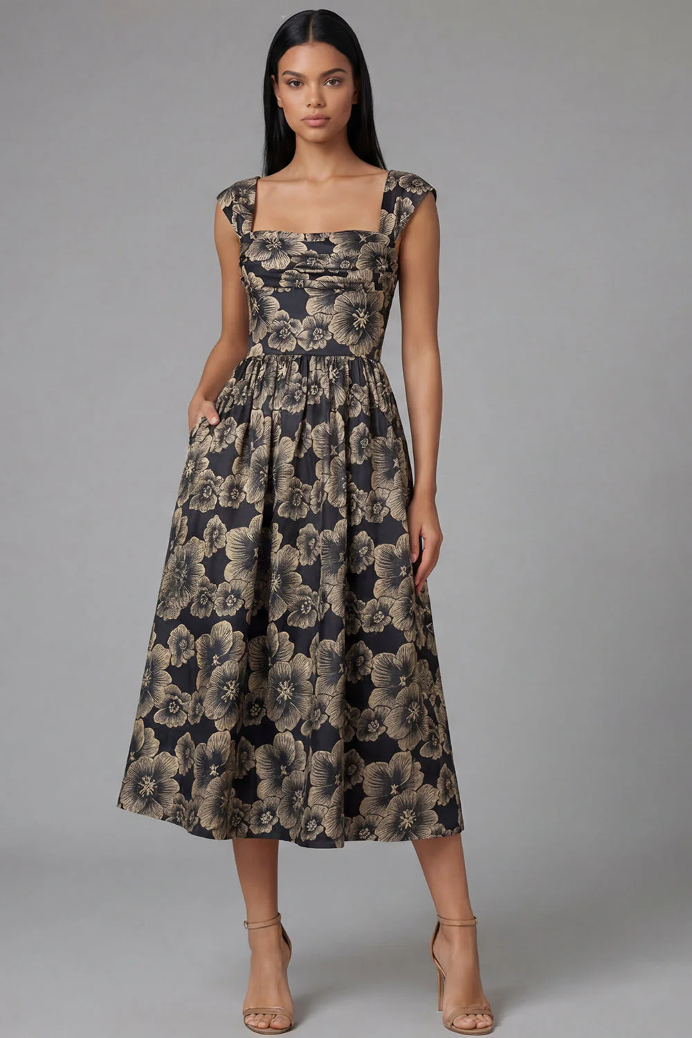 Black A-Line Square Neck Ruched Jacquard Floral Midi Dress