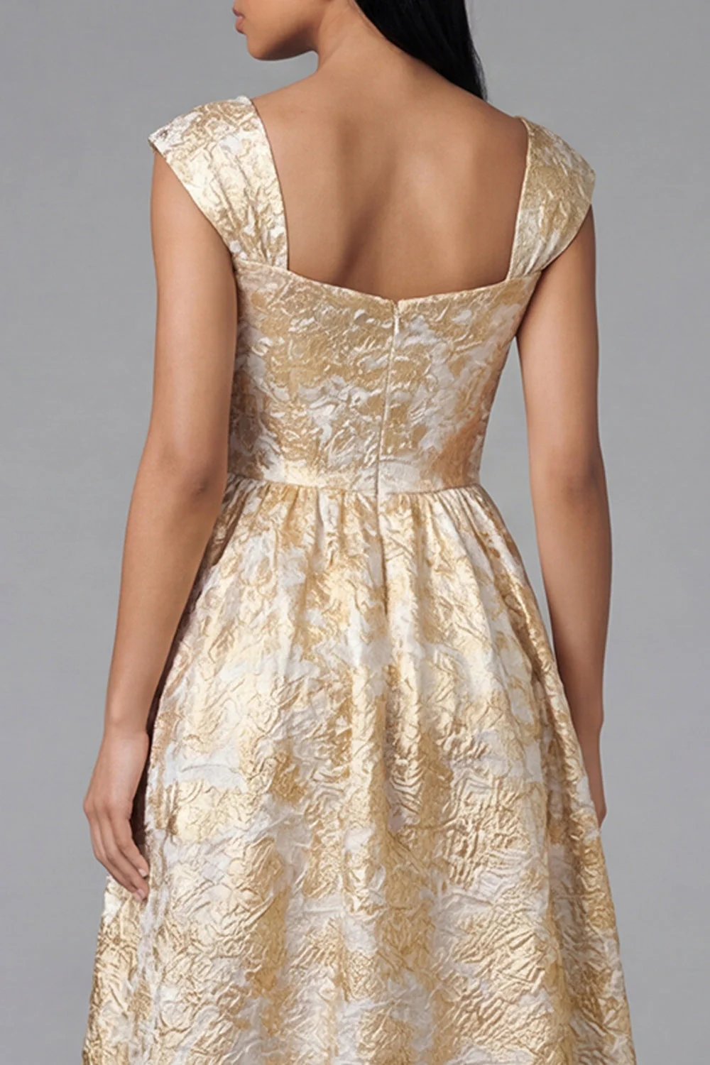 Black A-Line Square Neck Ruched Jacquard Floral Midi Dress - Image 10