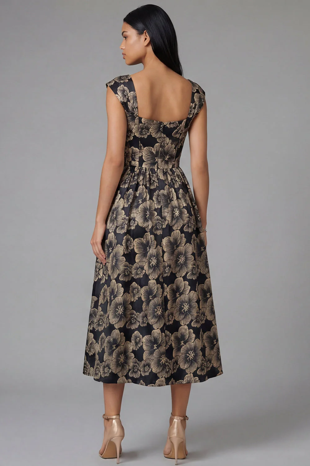 Black A-Line Square Neck Ruched Jacquard Floral Midi Dress - Image 3