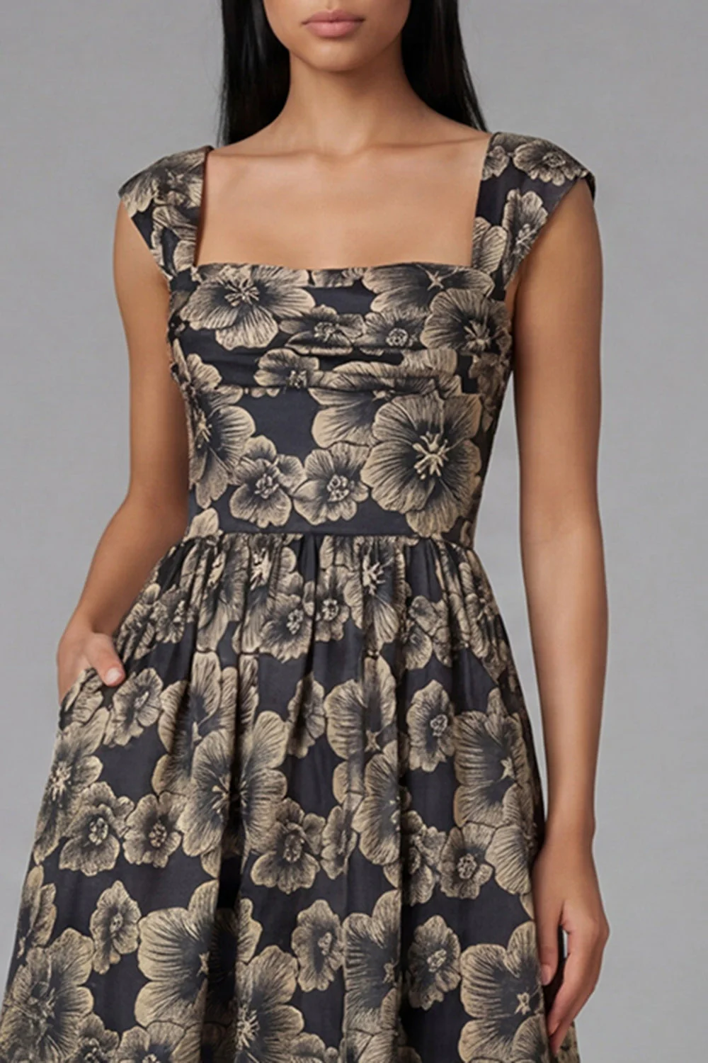 Black A-Line Square Neck Ruched Jacquard Floral Midi Dress - Image 4