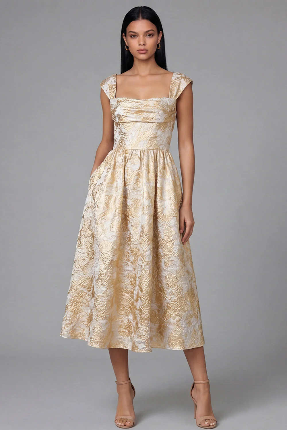 Black A-Line Square Neck Ruched Jacquard Floral Midi Dress - Image 6