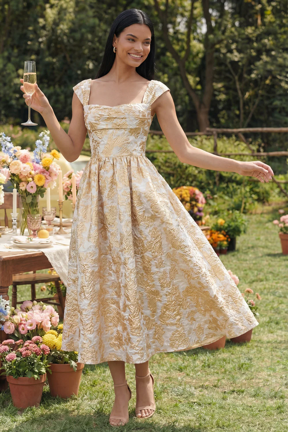 Black A-Line Square Neck Ruched Jacquard Floral Midi Dress - Image 7