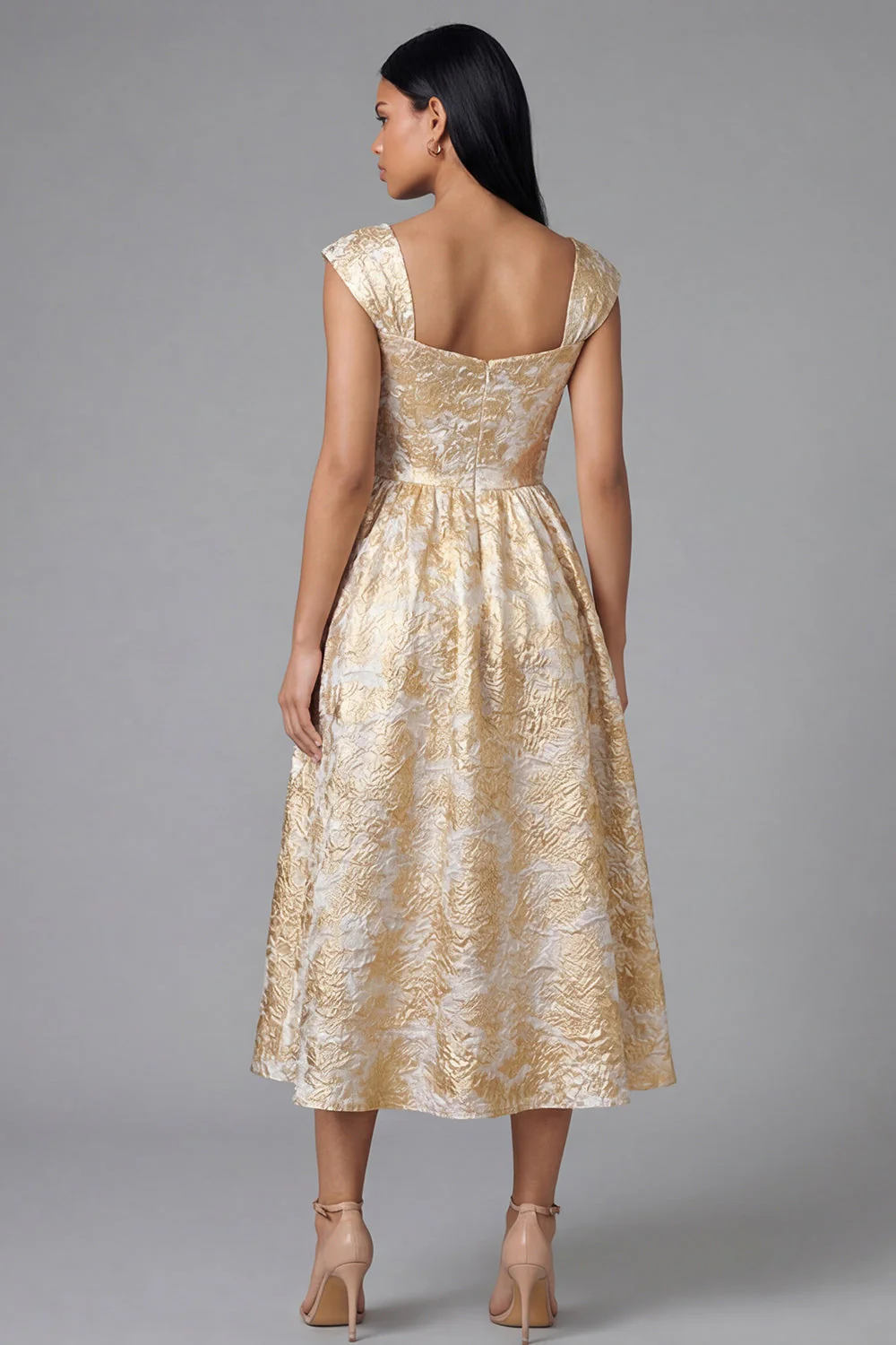 Black A-Line Square Neck Ruched Jacquard Floral Midi Dress - Image 8