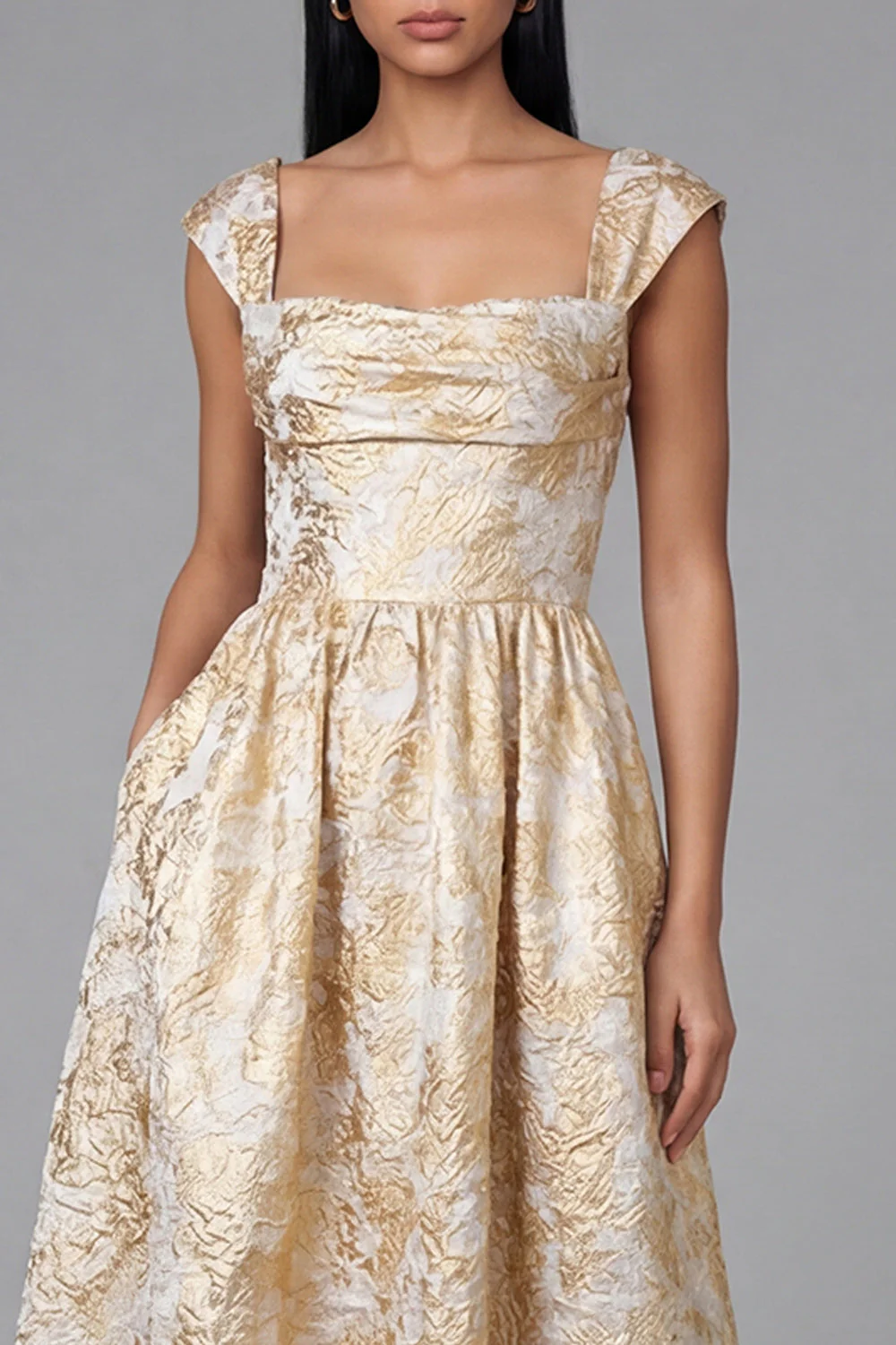 Black A-Line Square Neck Ruched Jacquard Floral Midi Dress - Image 9
