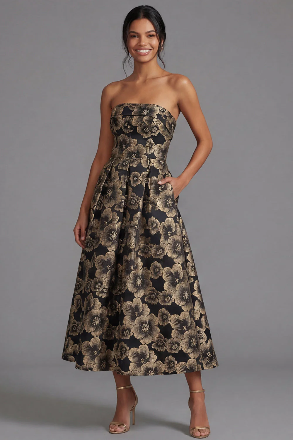 Black A-Line Strapless Ruched Jacquard Floral Midi Dress