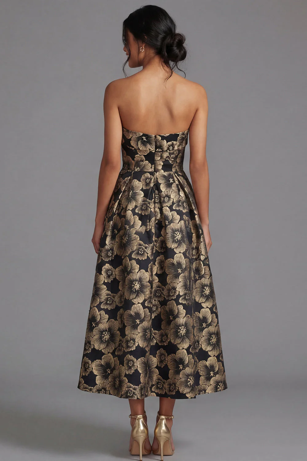 Black A-Line Strapless Ruched Jacquard Floral Midi Dress - Image 3