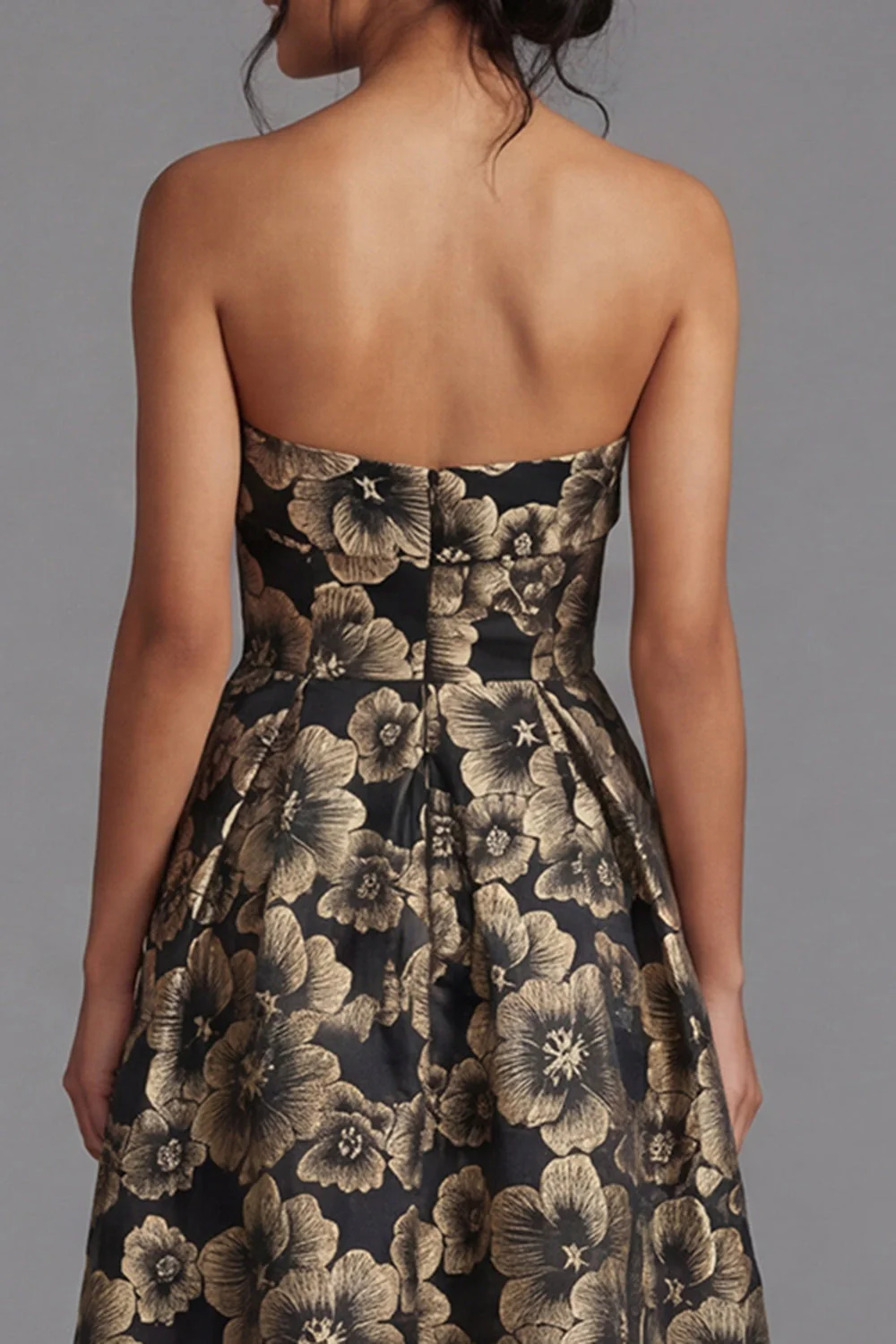 Black A-Line Strapless Ruched Jacquard Floral Midi Dress - Image 5