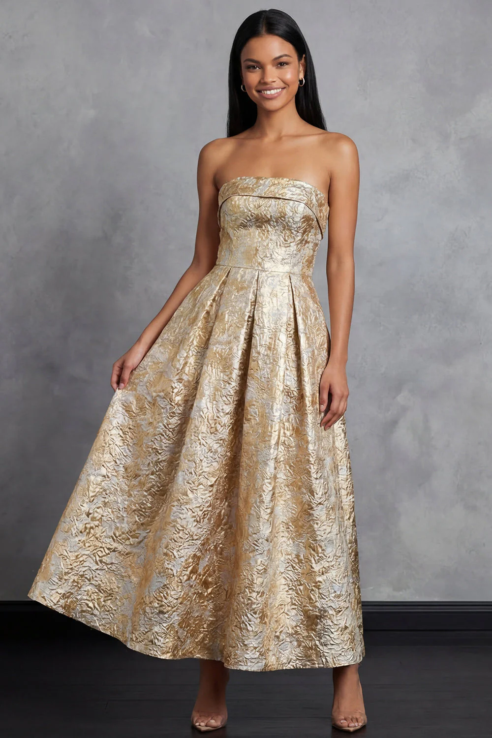 Black A-Line Strapless Ruched Jacquard Floral Midi Dress - Image 6