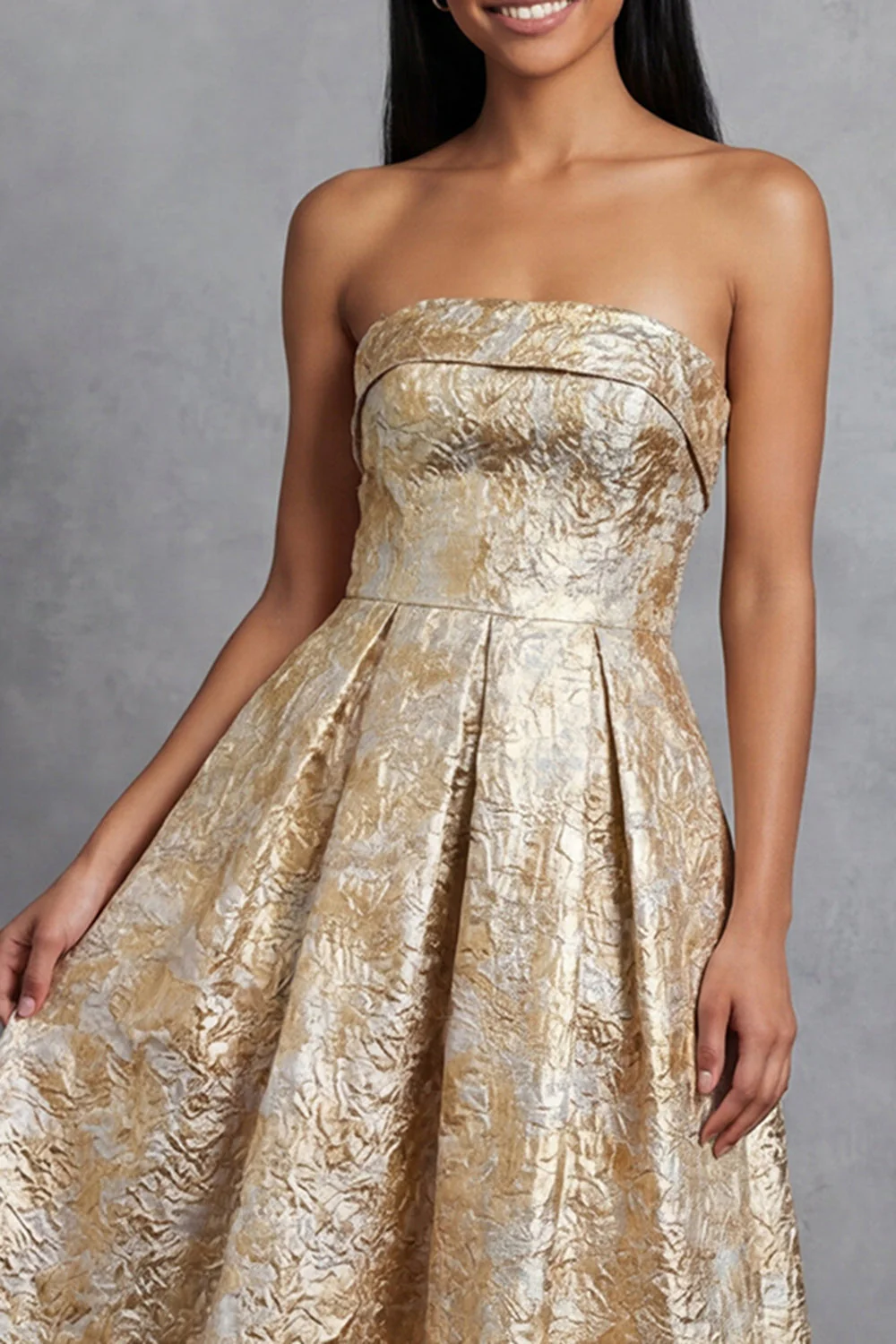 Black A-Line Strapless Ruched Jacquard Floral Midi Dress - Image 9