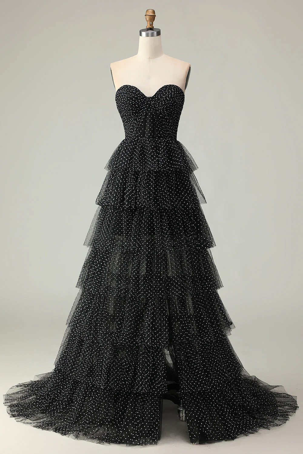 Black A Line Strapless Tiered Ruffle Polka Dots Long Prom Dress with Slit