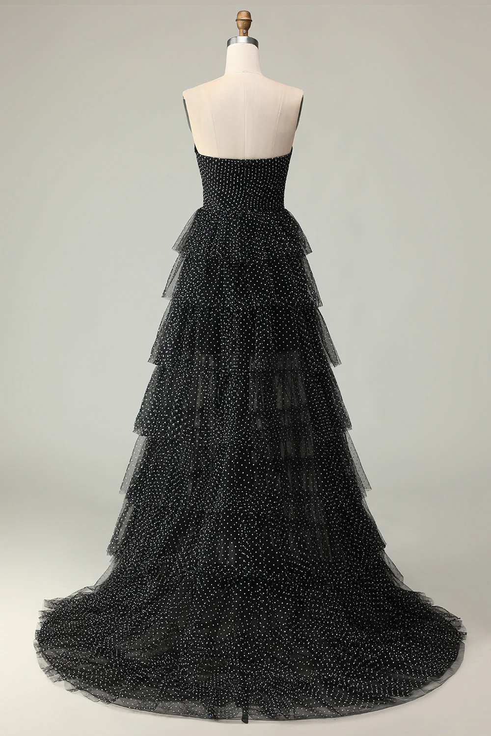 Black A Line Strapless Tiered Ruffle Polka Dots Long Prom Dress with Slit - Image 2