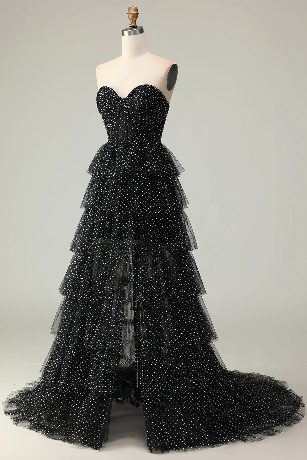 Black A Line Strapless Tiered Ruffle Polka Dots Long Prom Dress with Slit - Image 5