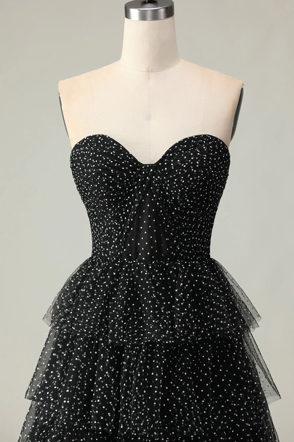 Black A Line Strapless Tiered Ruffle Polka Dots Long Prom Dress with Slit - Image 6