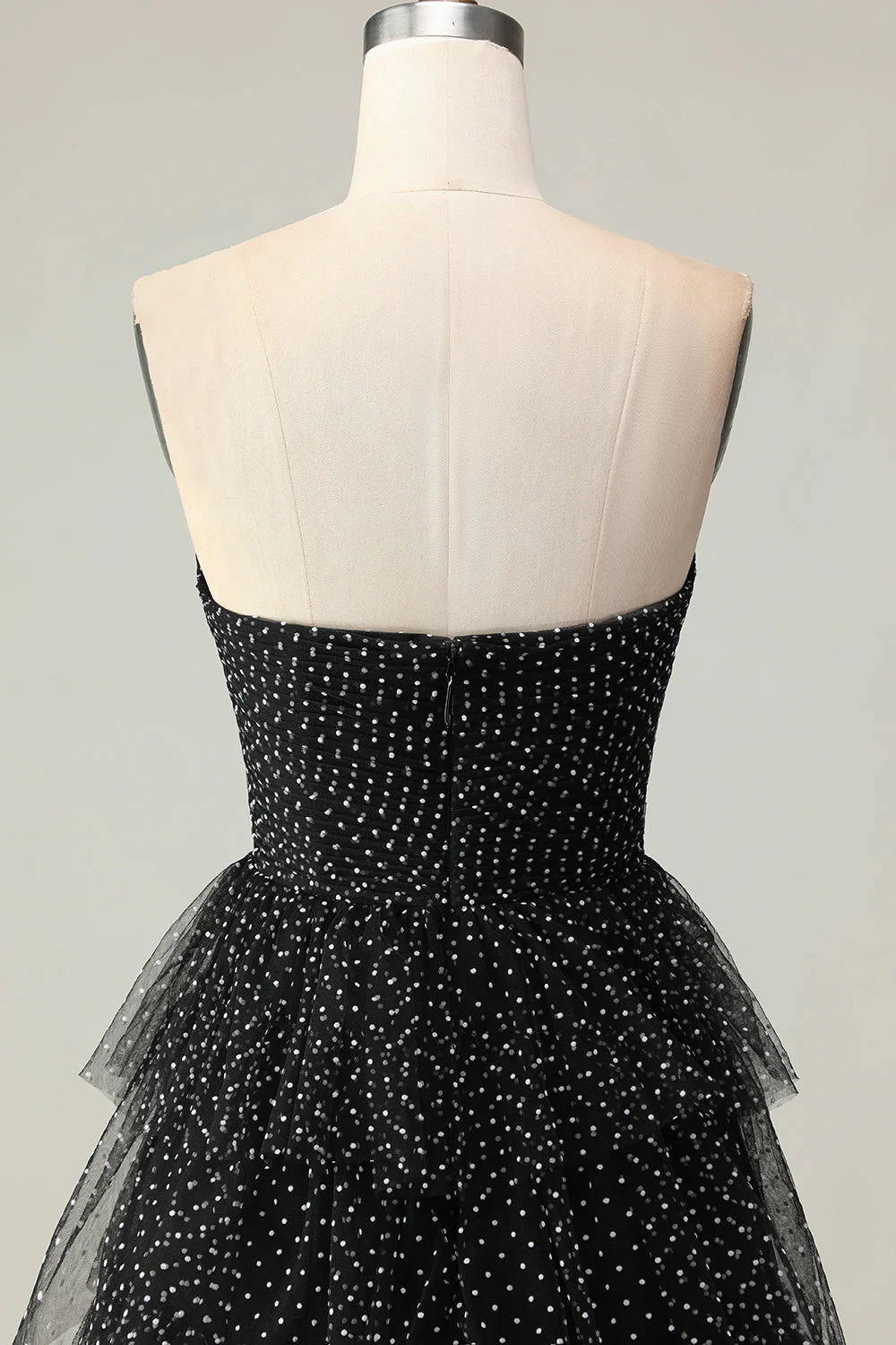Black A Line Strapless Tiered Ruffle Polka Dots Long Prom Dress with Slit - Image 7