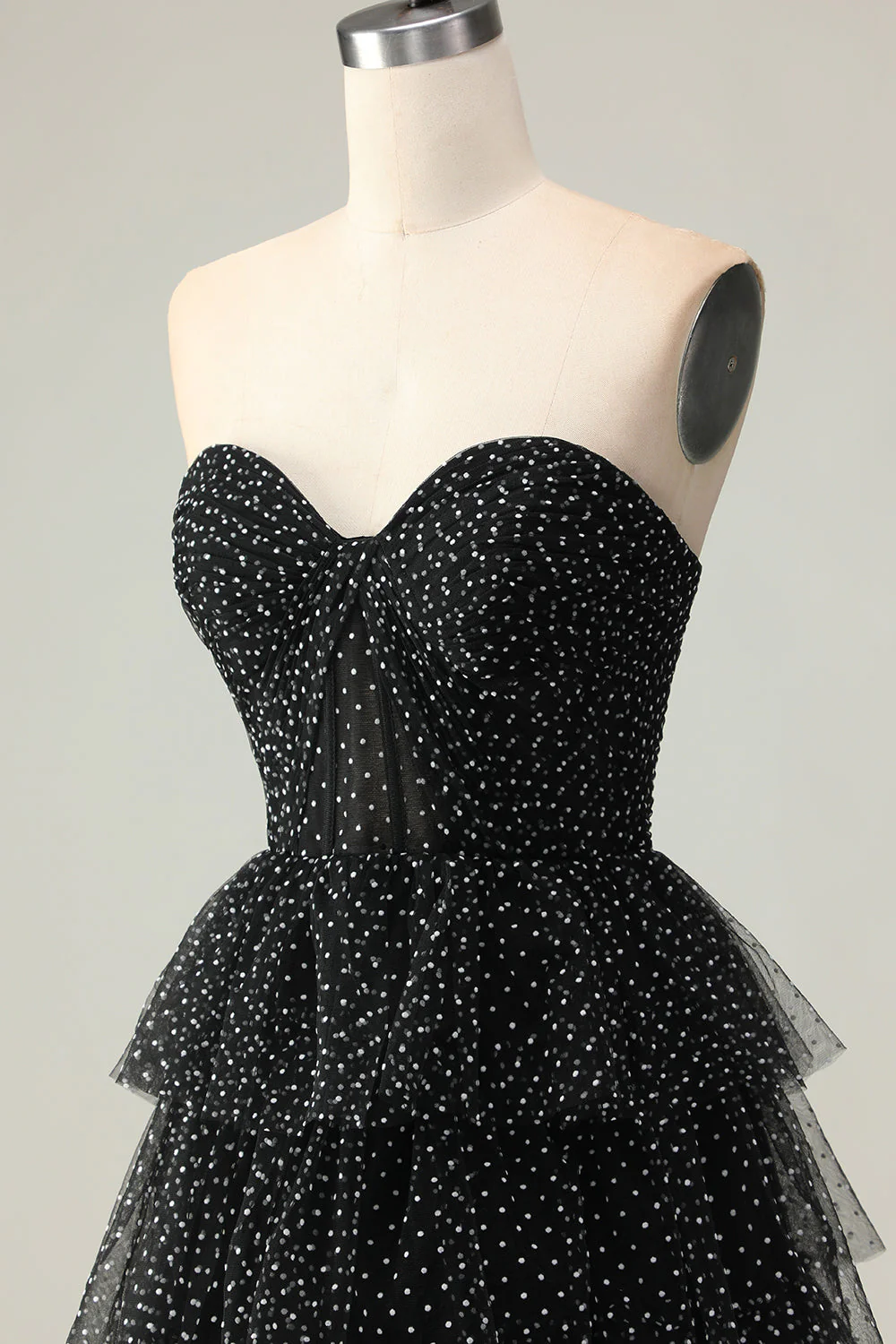 Black A Line Strapless Tiered Ruffle Polka Dots Long Prom Dress with Slit - Image 8