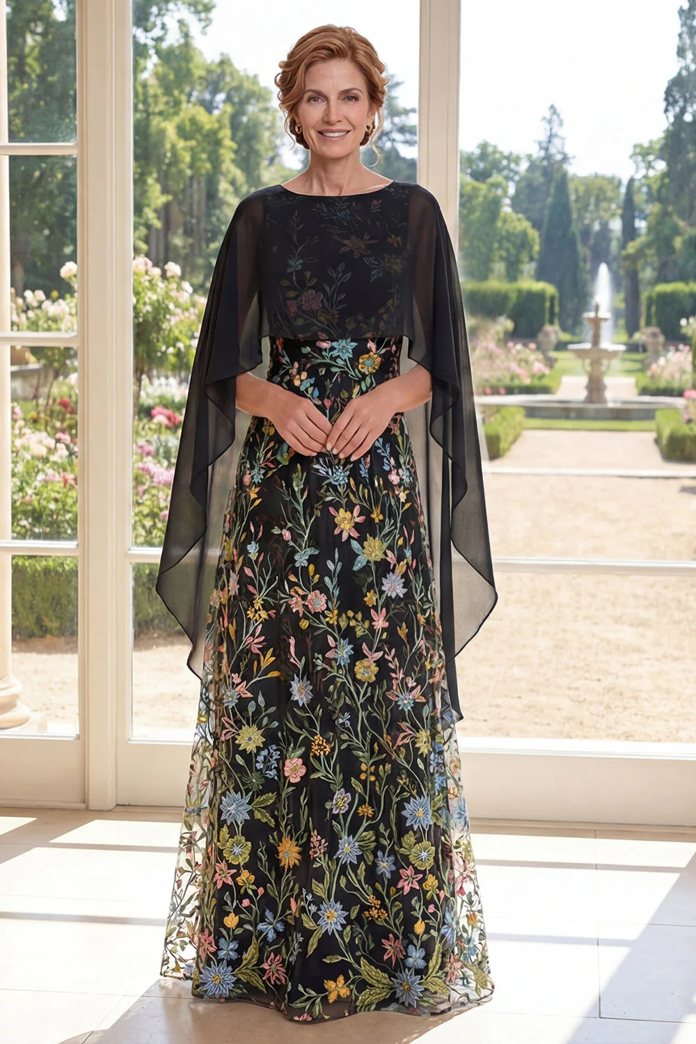Black A-Line Tulle Embroidered Long Mother Of the Bride Dress with Cape