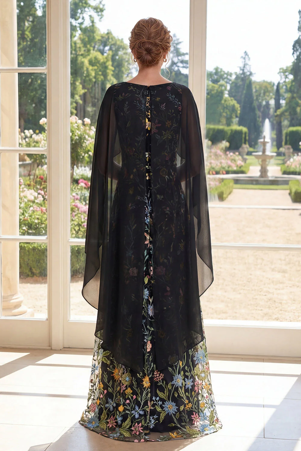 Black A-Line Tulle Embroidered Long Mother Of the Bride Dress with Cape - Image 2