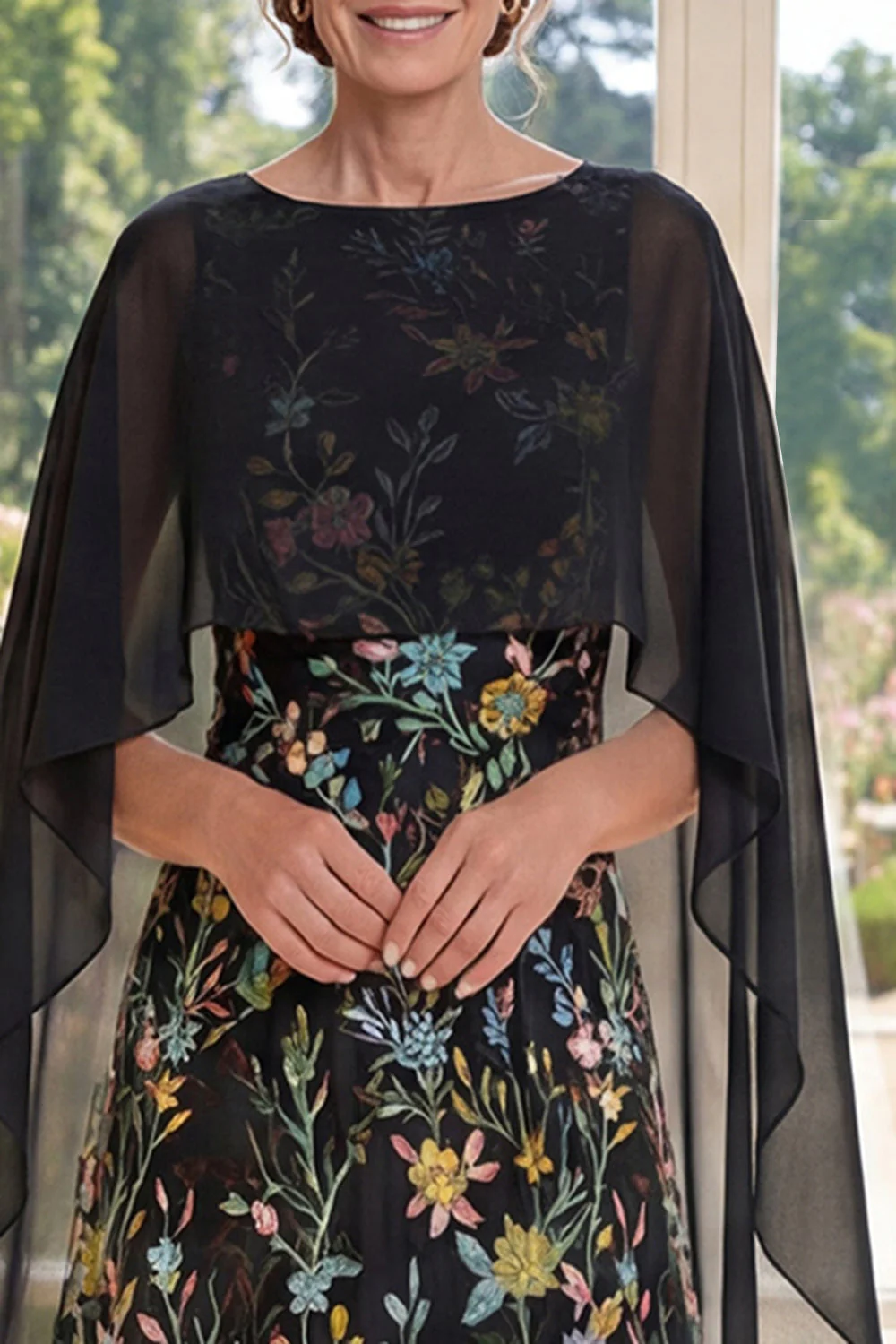 Black A-Line Tulle Embroidered Long Mother Of the Bride Dress with Cape - Image 3