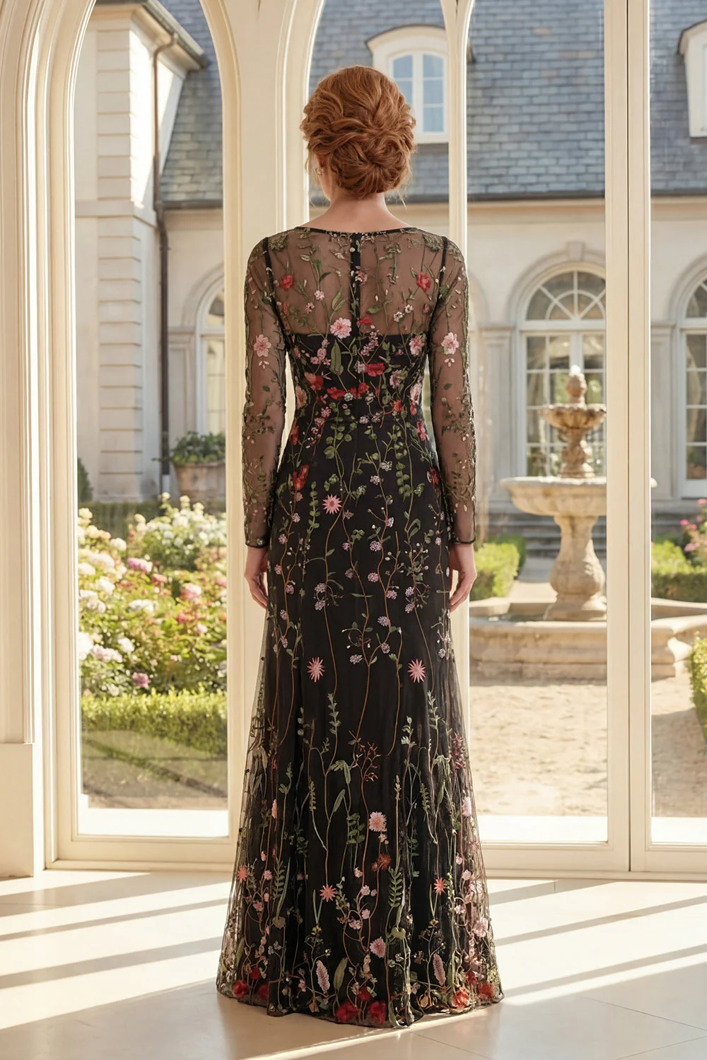 Black Floral A-Line Square Neck Mother Of the Bride Dress with Long Sleeves - Image 2
