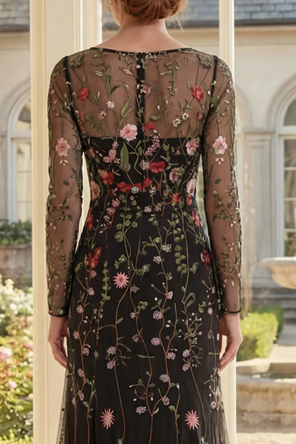 Black Floral A-Line Square Neck Mother Of the Bride Dress with Long Sleeves - Image 4