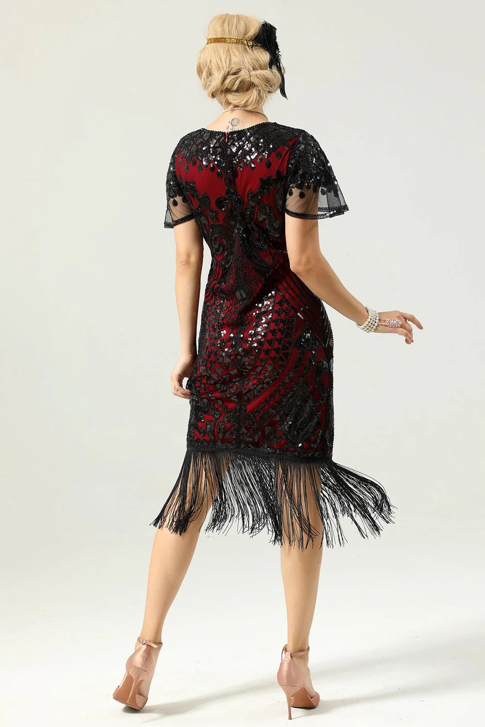 Black and Gold Sequin 1920 Dress with Batwing Sleeves - Image 6