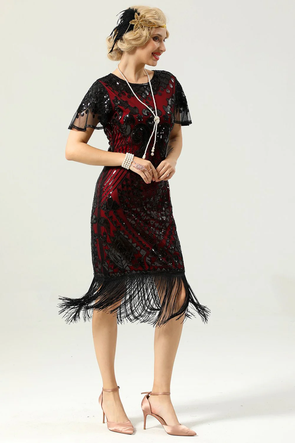 Black and Gold Sequin 1920 Dress with Batwing Sleeves - Image 8