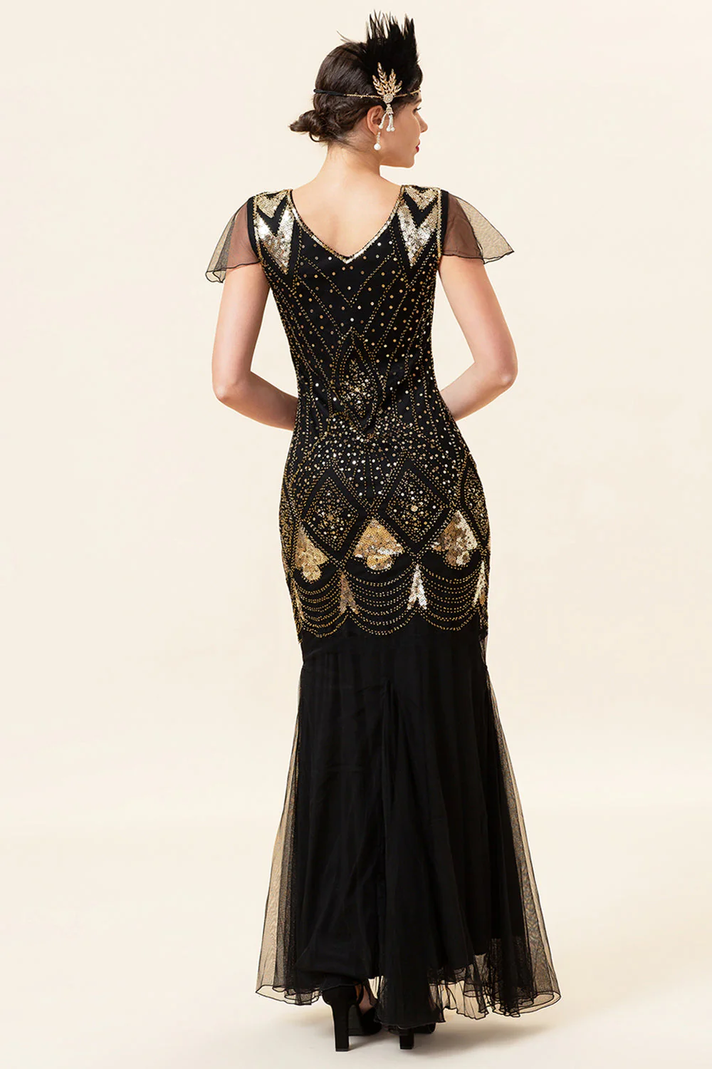 Black and Golden Cap Sleeves Sequined Long 1920s Gatsby Flapper Dress with 20s Accessories Set - Image 3