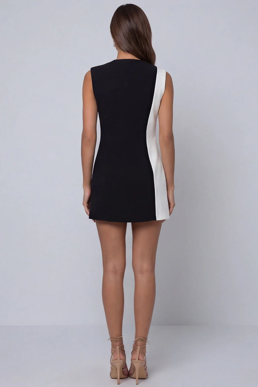 Black and White Lapel Sleeveless Short Work Dress - Image 2