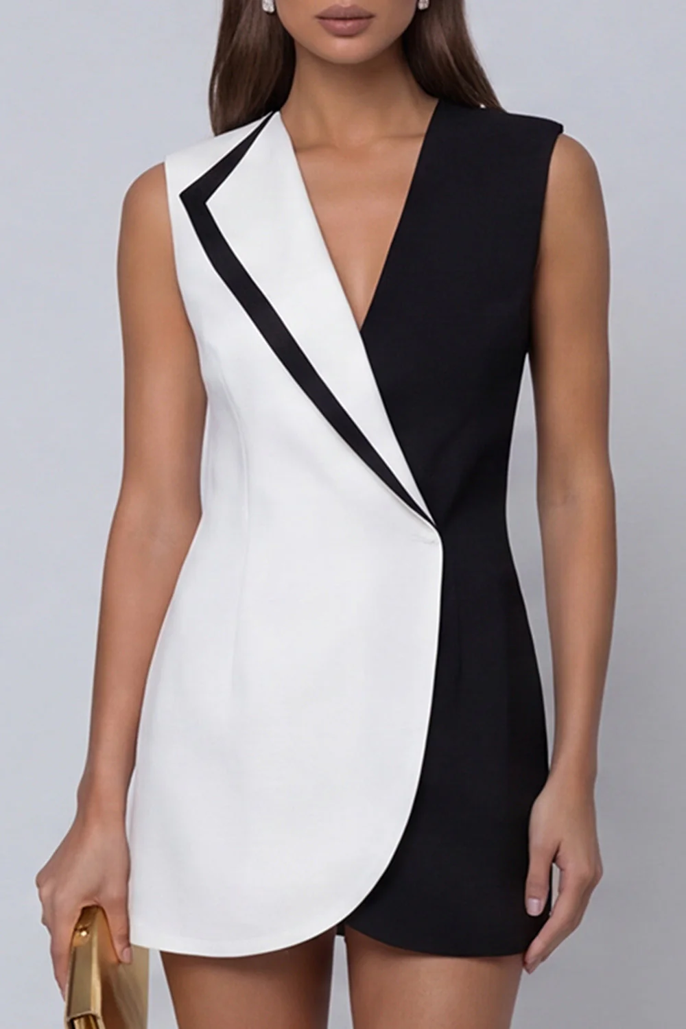 Black and White Lapel Sleeveless Short Work Dress - Image 3