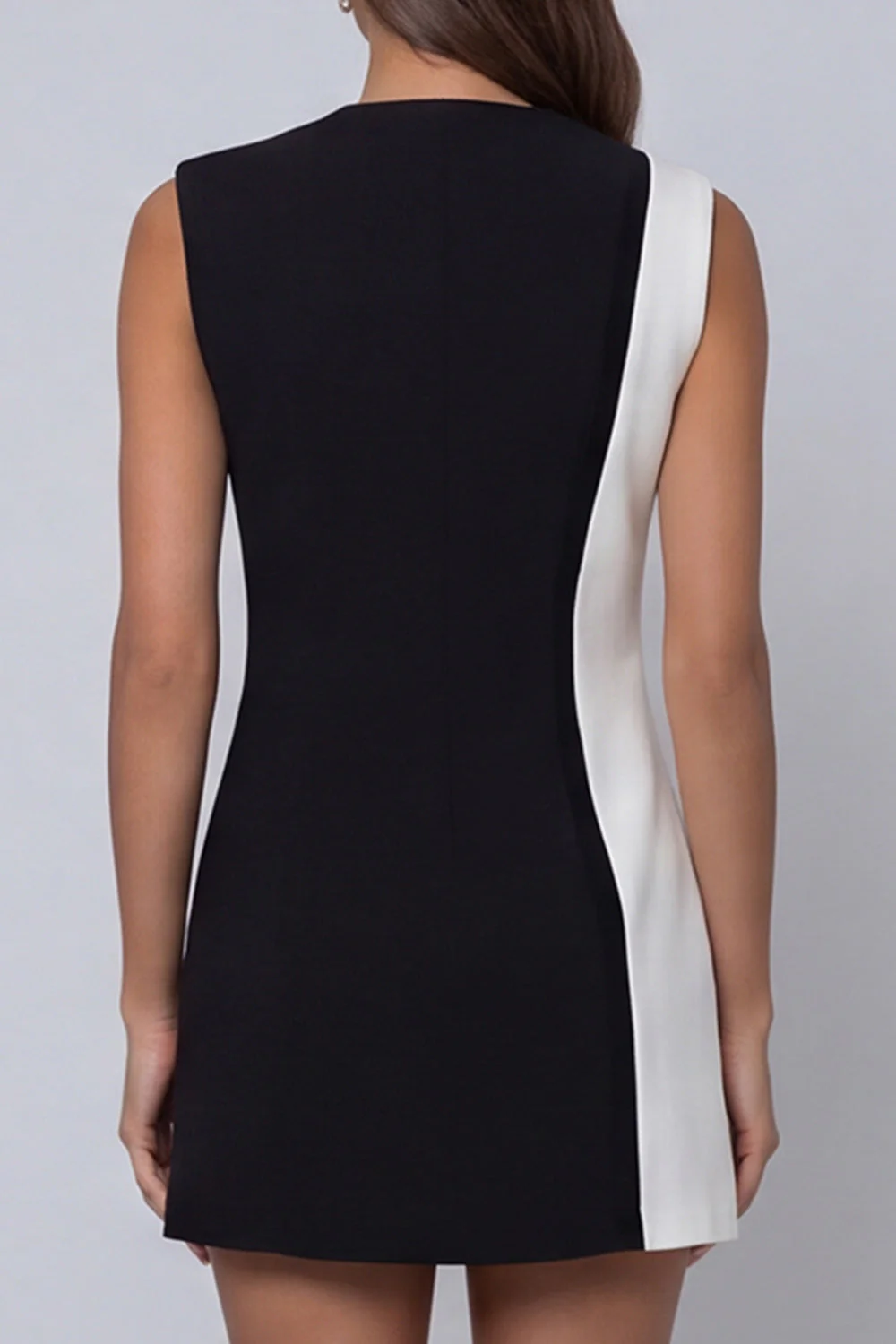 Black and White Lapel Sleeveless Short Work Dress - Image 4