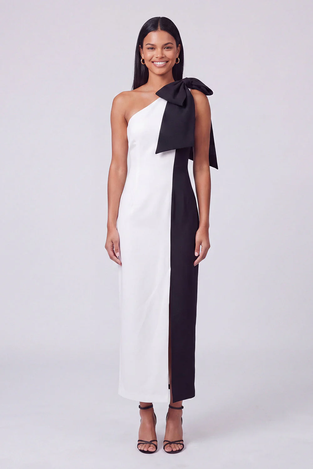 Black and White One Shoulder Bodycon Maxi Dress with Bow - Image 2