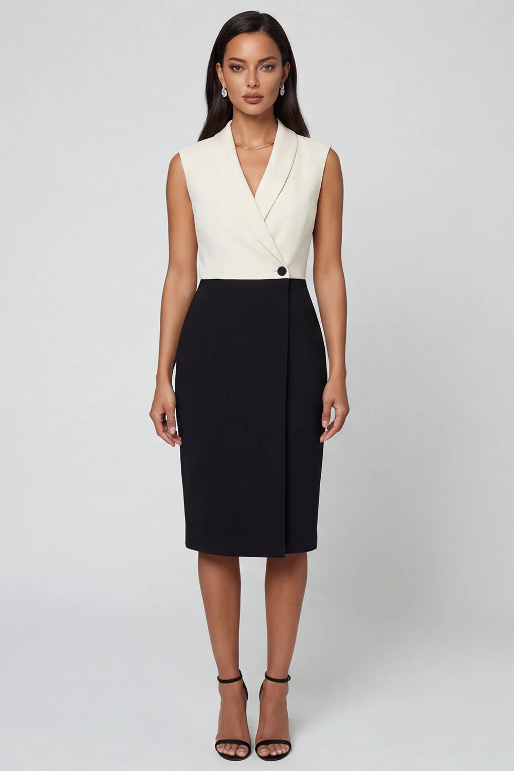 Black and White Shawl Lapel Sheath Midi Work Dress