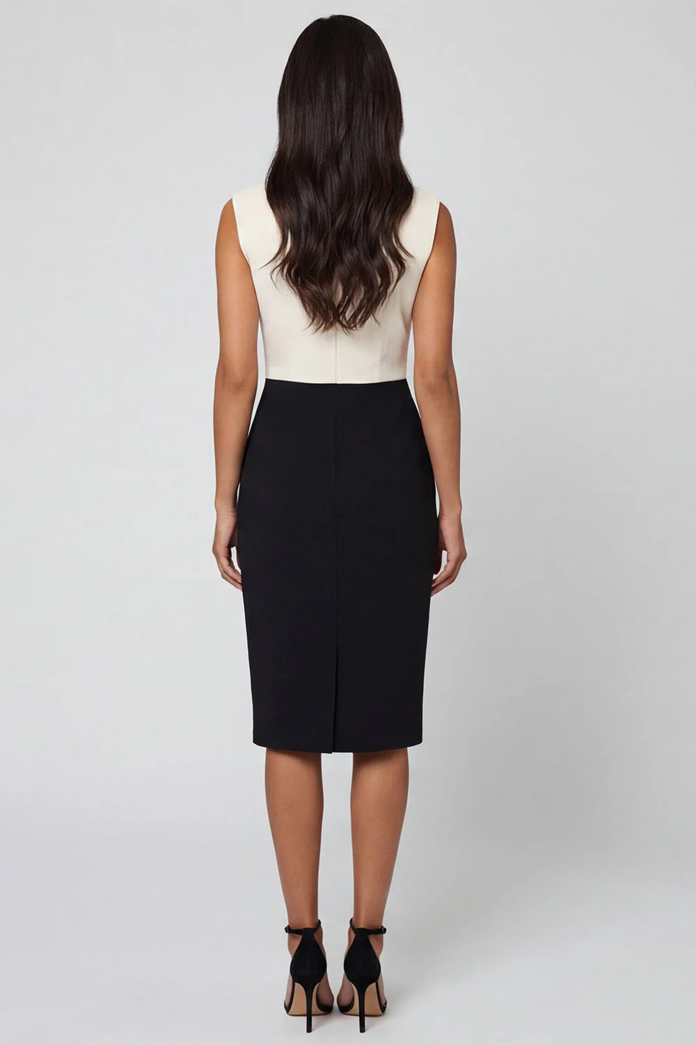 Black and White Shawl Lapel Sheath Midi Work Dress - Image 2