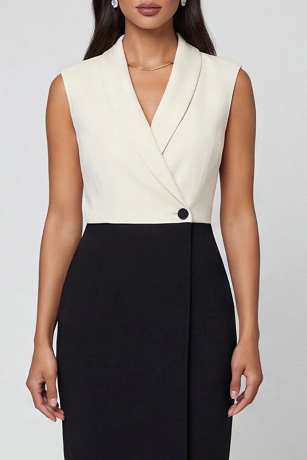 Black and White Shawl Lapel Sheath Midi Work Dress - Image 3