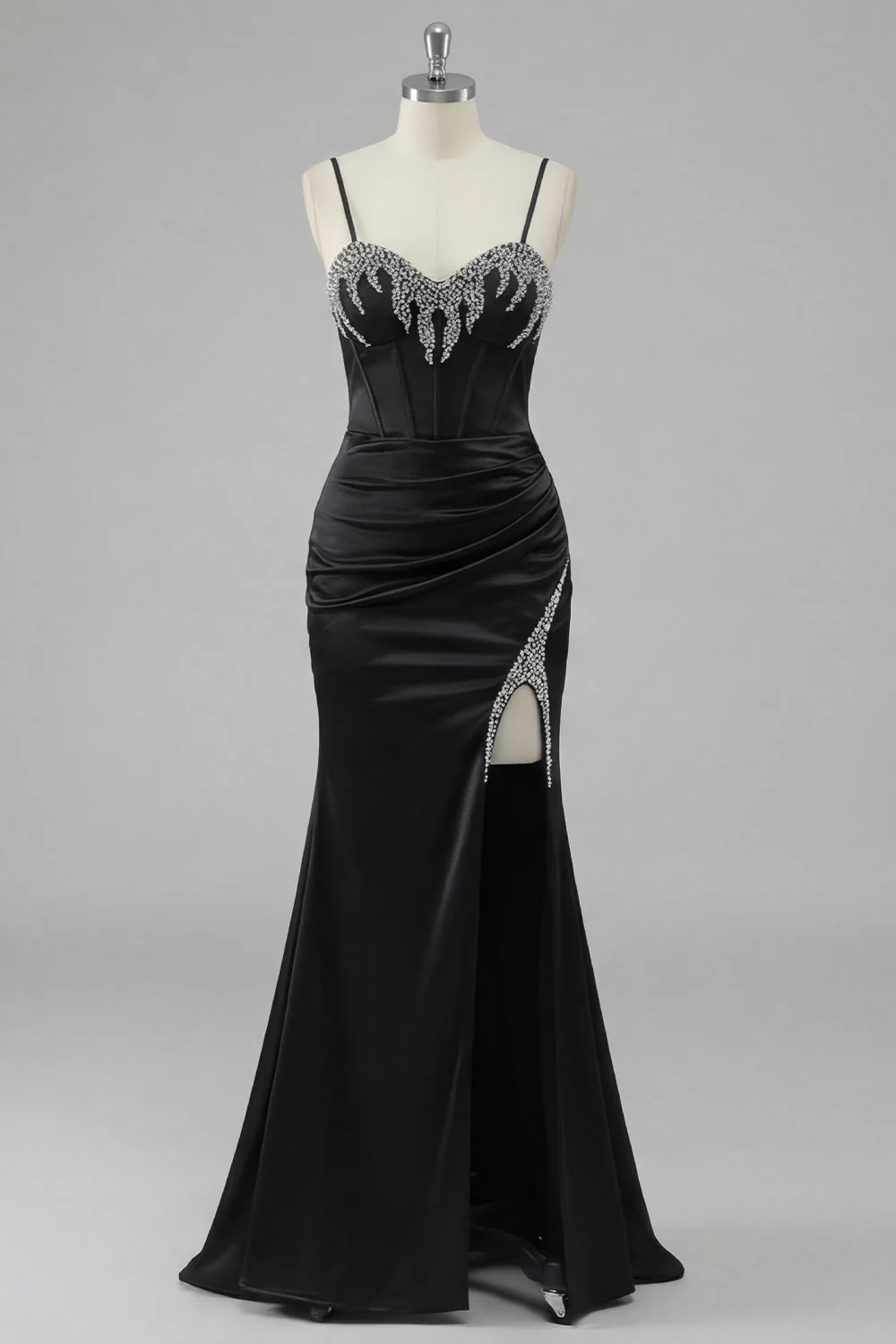 Black Corset Beaded Mermaid Lace Up Back Long Prom Dress With Slit - Image 5