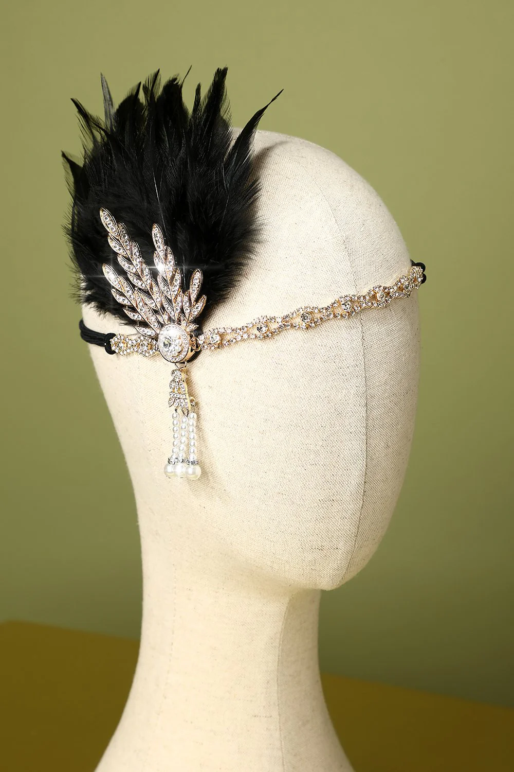 Black Beaded Feather 1920s Flapper Headband - Image 2