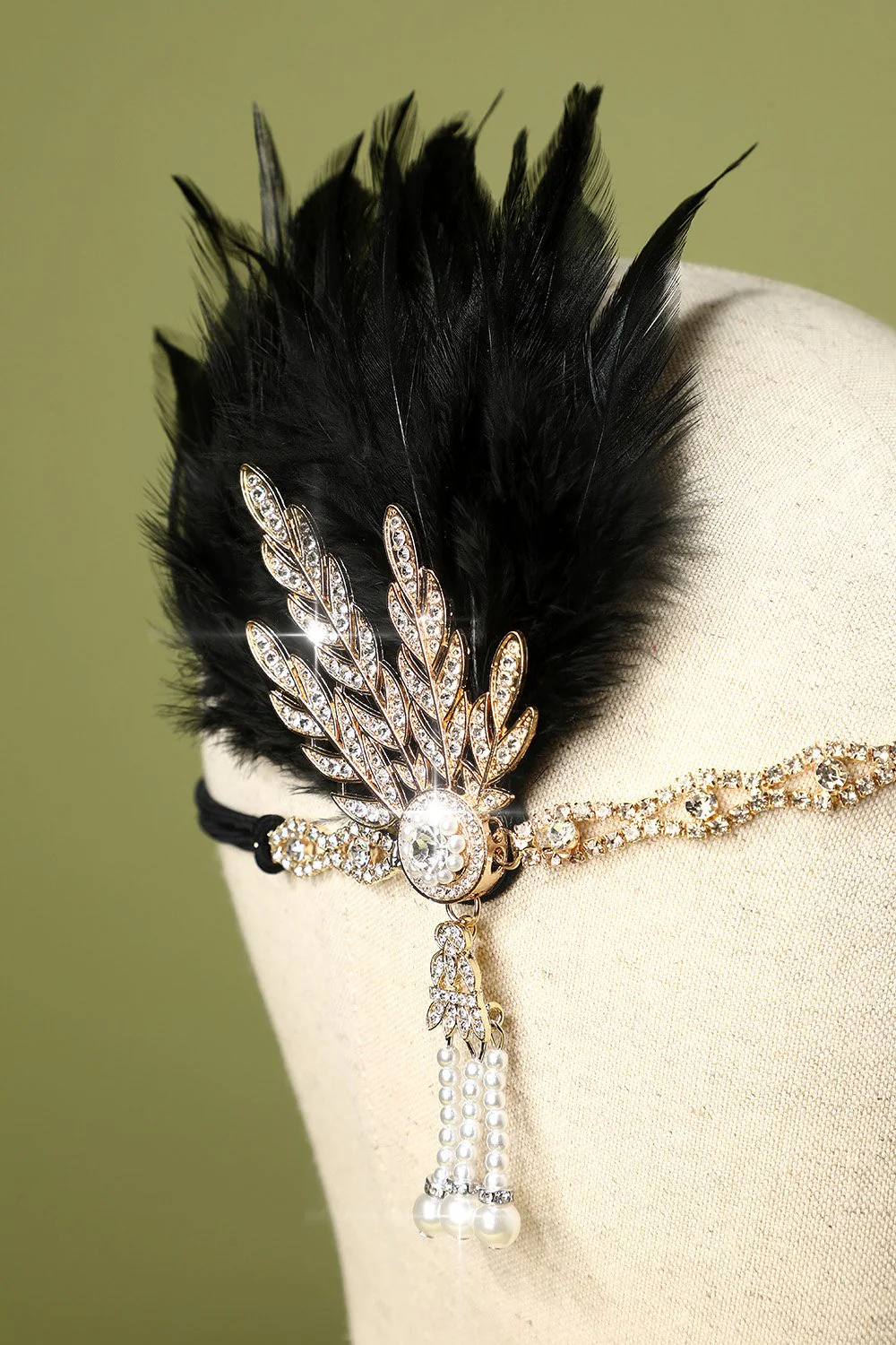Black Beaded Feather 1920s Flapper Headband - Image 3