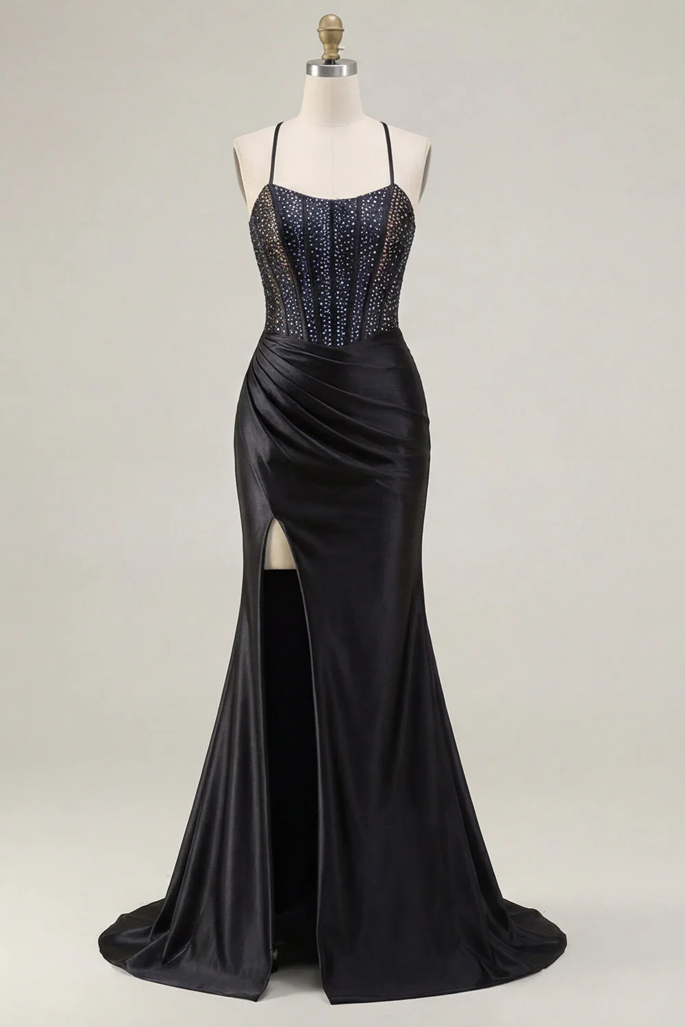 Black Corset Beaded Mermaid Long Prom Dress with Slit - Image 5