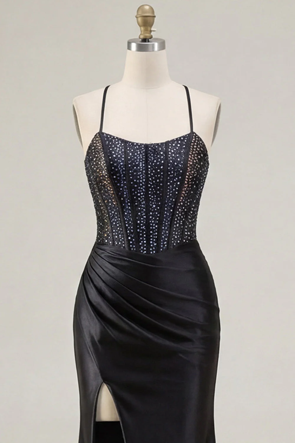 Black Corset Beaded Mermaid Long Prom Dress with Slit - Image 7