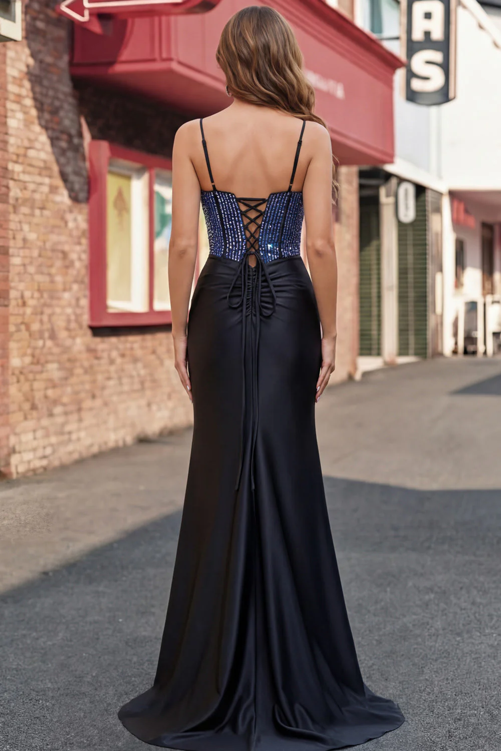 Black Mermaid Beaded Lace Up Back Long Prom Dress with Slit - Image 2