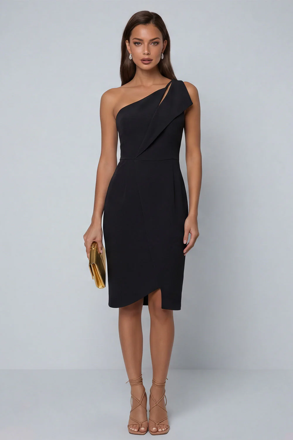 Black Bodycon One Shoulder Midi Work Dress with Slit