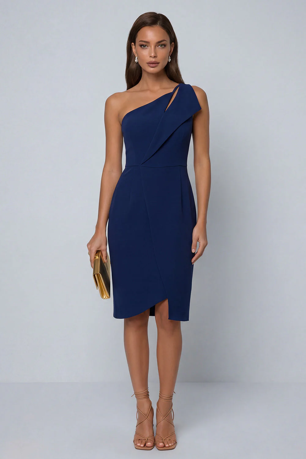 Black Bodycon One Shoulder Midi Work Dress with Slit - Image 13