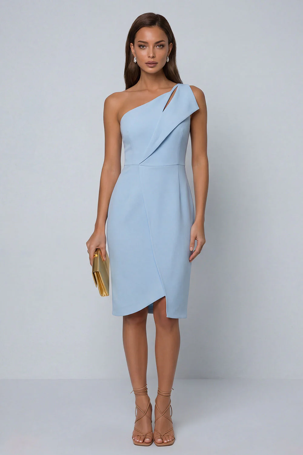 Black Bodycon One Shoulder Midi Work Dress with Slit - Image 15